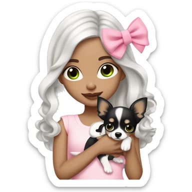 pale brunette ￼girl with short platinum Latina  wavy hair with bright green eyes and wearing a light pink hair bow holding a black and white long haired chihuahua puppy also wearing a hair bow sticker