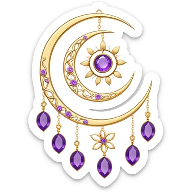 Epic beautiful gorgeous cute gold suncatcher, threads with shiny sparkly amethyst gemstones, flowers, crescents-moons sticker