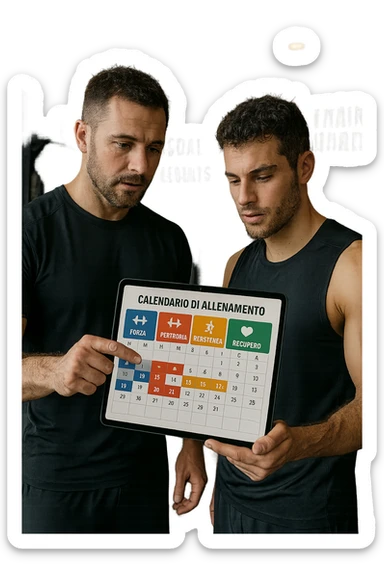 realistic cinematic photo a personal trainer and a client stand in a modern gym, reviewing a large, color-coded training calendar or chart on a tablet. The calendar shows different phases (strength, hypertrophy, endurance, recovery) with icons and dates. Around them, gym equipment and motivational posters reinforce the idea of structured, periodized training. in italiano sticker