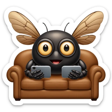 Black Cicada cartoon style with black shiny round eyes watching on a phone sit on a brown sofa  sticker