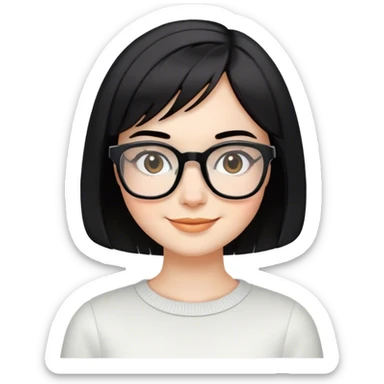 White skin girl, short bob cut hair, squared specs, black hair and brows, smiling  sticker