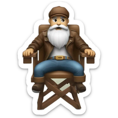 biff wiff santa beard wearing a brown leather jacket and a paddy cap sitting in a folding directors chair looking angry(full body, ios17) sticker