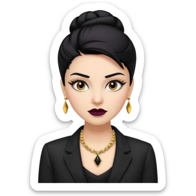 “Emoji girl, sculpted contour, bold dark lipstick, defined brows, sharp eyeliner, sleek black hair updo, statement necklace, black blazer.” sticker