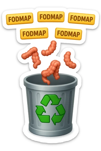cinque scritte piccole "FODMAP" e piccoli pezzi di colon cadono in un secchio della spazzura con simbolo "recycle" sopra, stile emoji iphone, iperrealistico 4k sticker