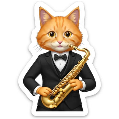 orange cat play gold saxophone, wear black suit sticker