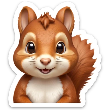 Cinematic Cute Squirrel Portrait Emoji, Head tilted playfully and inquisitively, featuring a fluffy, vibrant auburn Fur with a delicate cream belly and a bushy tail, round, sparkling eyes filled with curious mischief, Simplified yet irresistibly adorable features, highly detailed, glowing with a warm, friendly glow, high shine, affectionate and lively, stylized with a touch of woodland whimsy, bright and endearing, soft glowing outline, capturing the essence of a mischievous yet loving squirrel, so playful it feels like it could leap out of the screen and into your arms! sticker
