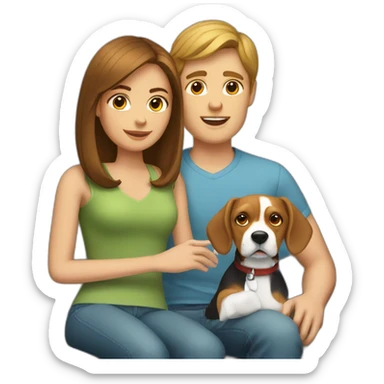 Brown hair White boy and girl with beagle Sit on couch sticker
