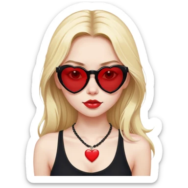 Blonde girl with pale skin and long hair with black cat eye sunglasses in black tank top with red heart necklace  sticker