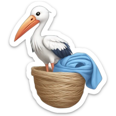 White stork carrying a blue bundle of cloth in its beak that has a human person cute baby with and the human baby head is peeking from the fabric bundle the strok is carrying with its beak sticker