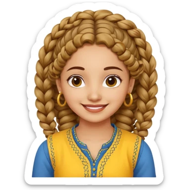 fair Indian girl with curly hair tied in a braid, smiling, wearing a yellow kurti and blue jeans sticker