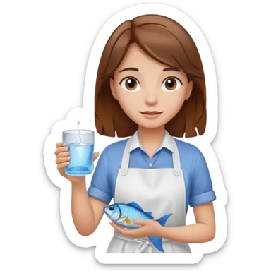 A girl with brown hair wearing an apron and holding a fish and a cup of water in another hand sticker