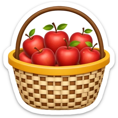 woven basket with apples and white checkered cloth, yellow sticker