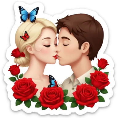 Hyper Realistic Couple kissing surrounded by roses and butterflies emoji sticker