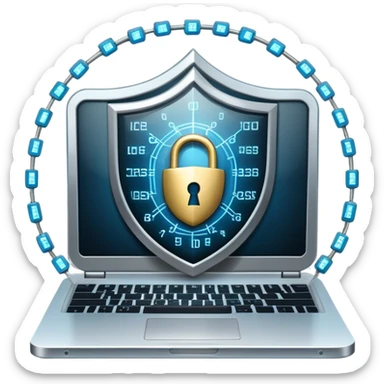 An icon featuring a digital shield with a lock, binary code, symbolizing cybersecurity. The design includes a laptop, warning icons, and secure network nodes, representing protection against cyber threats. Transparent background highlights digital safety and defense. sticker