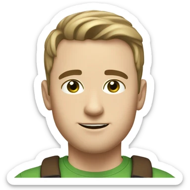 white guy, 30 years old, white skin, round face shape, wide nose, big eyebrows, no beard, very short hair, green eyes, brown hair sticker