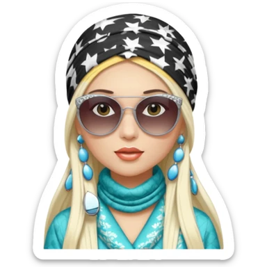 white pop singer girl, chic, long straight platinum hair, patterned headscarf, big sunglasses sticker