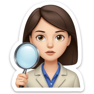 A brunette woman holding a large magnifying glass and squinting at something to intently sticker