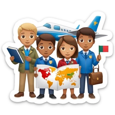 A child looking at a map 🗺️👀, a magnifying glass over different country flags 🔍🏳️, a passport and a plane ticket ✈️📄, and a student celebrating with books and a diploma 🎉📚🎓." sticker