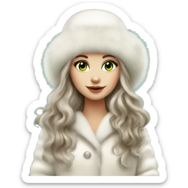 Beautiful Slavic girl with green eyes and brown wavy long hair wearing a white fur hat and white Mink fur coat sticker