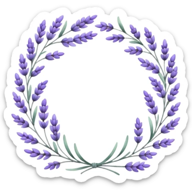 The art style is clean line art with delicate watercolor textures, pastel colors, and a dominant palette of lavender, soft lilac, and muted purple. A set of lavender wreaths, simple flower branches, and delicate frames to border text. sticker