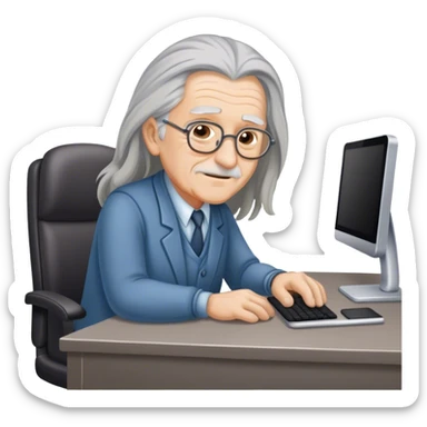 old person with long hair working behind a hotel desk.  sticker