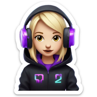 Russian cute blond girl wearing black hoody with violet letters "OMG", in vr headset. Cyberpunk style. Violet neon. sticker