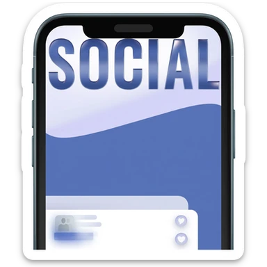 Full smart phone with the word "SOCIAL" on the screen, with a social media app on-screen display in the background sticker