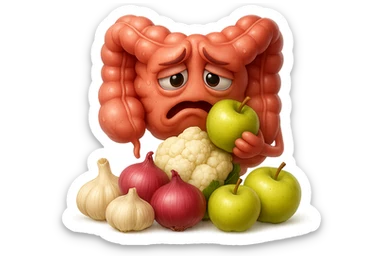 EMOJI STILE IPHONE DI UN INTESTINO UMANO IN CRISI PERCHé STA MALE, IN BOCCA HA UNA MELA E DAVANTI A LUI C'è UNA MONTAGNA DI aglio, cipolle, cavolfiore e mele, IPERREALISTICO 4K sticker