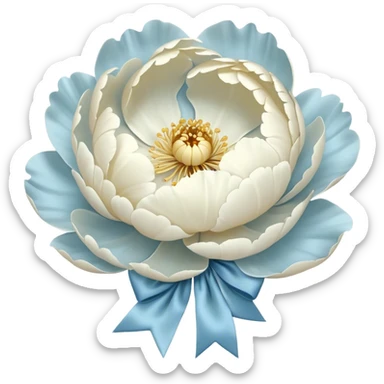 A single oversized peony in the softest shade of ivory sits in the center of a pearl-white canvas, its velvety petals unfolding like a quiet whisper. Wrapped around its stem is a wide, silk bow in a misty blue hue, its fabric pooling slightly onto the surface. The background’s subtle texture reflects light in a way that enhances the depth of the petals, creating an ethereal, almost weightless atmosphere. sticker