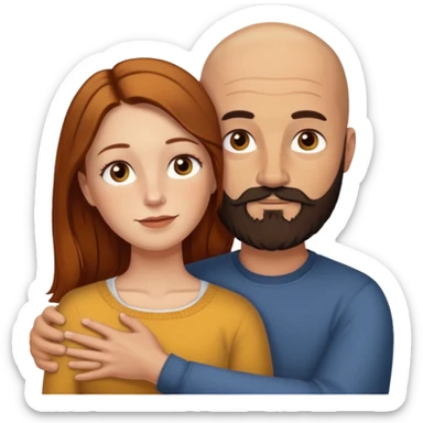 Couple. Bald man with dark brown-black beard. White woman with many small, faded freckles, she has white skin and she has auburn-yellow-brown-cinnamon, dark long hair. She has light brown eyes. The man have hazel eyes. Retro style. They hug. sticker