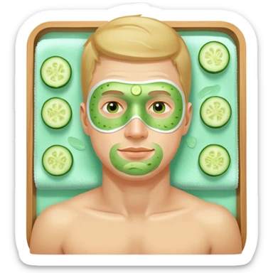 white man with green facial mask and cucumber slices on eyes, relaxing at a spa sticker