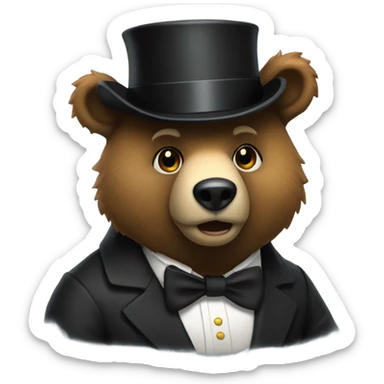 A animatronic bear wearing a tophat and a black bow sticker