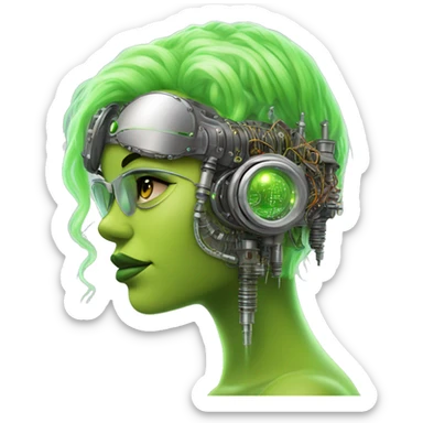 Neon green bobbed hair Latina female cyborg head with silver steampunk goggles and circuits sticker
