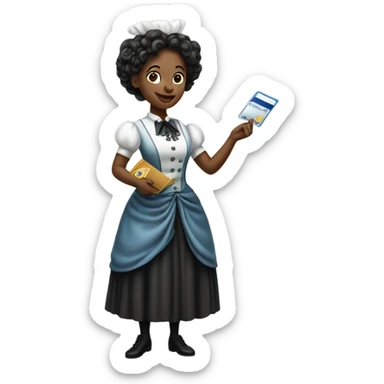 galora waitress in Victorian dress elegant, full body, holding big credit card sticker