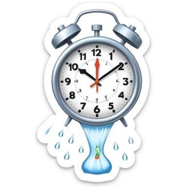 An illustrated clock face with sprinklers as clock hand, spraying water, gently tack line, clearly stating time saved by automated water sticker
