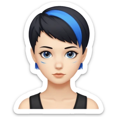 frau freche extreme schwarze Kurzhaarfrisur eine Seite wirklich fast keine Haare andere Seite mit blauer Strähne sticker