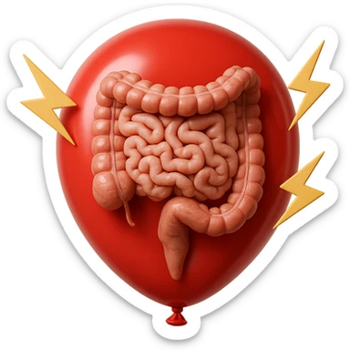 intestino umano anatomico chiuso in un palloncino rosso che simboleggia gonfiore, accanto simboli di fulmini e che simboleggiano "dolore", iperrealistico 4k sticker