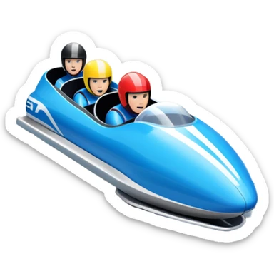 An icon featuring a sleek bobsled with athletes racing down an icy track at high speed, helmets on and bodies aligned for aerodynamics. The scene is set in a stunning snowy mountain valley with pine trees, spectators, and crisp blue sky. Transparent background captures the thrill of bobsleigh. sticker