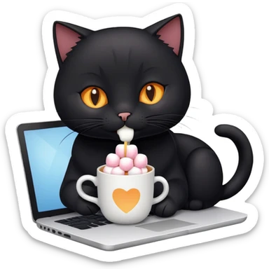 a black cat sits drinking hot chocolate with marshmallows in a cup and also works on a laptop working as a graphic designer, he really likes this job  sticker