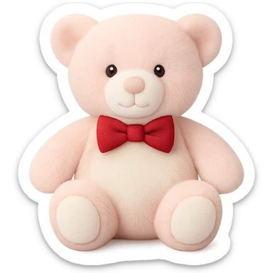 Add a bow tie to the teddy bear, keeping the pink and white fur, flat lighting, no shadows or background, soft plush look, maintain transparency. The style should reflect a soft plush teddy bear with flat lighting and no shadows, isolated on a transparent background. sticker