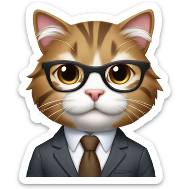 an anthropomorphic brown and white tabby cat with long fur, glasses, wearing a suit sticker