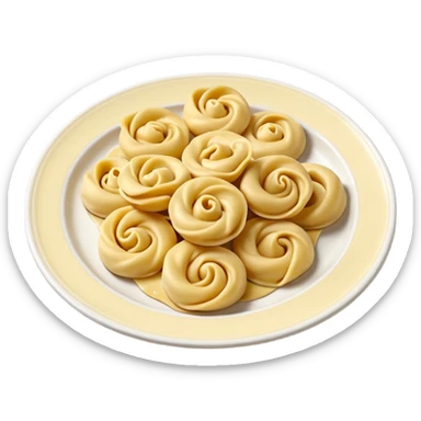 single uncooked tortellini, smooth pale yellow dough, neatly folded ring shape, soft curves, slightly flour-dusted surface, visible central pinch, no sauce, plate, or extras, soft lighting, subtle shadows, emoji scale sticker
