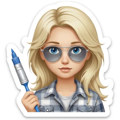 girl with long blond messy hair, white paint on her face wearing grey plaid shirt with blue eyes and aviator sunglasses wearing a ring on her silver necklace, holding a paint brush roller sticker
