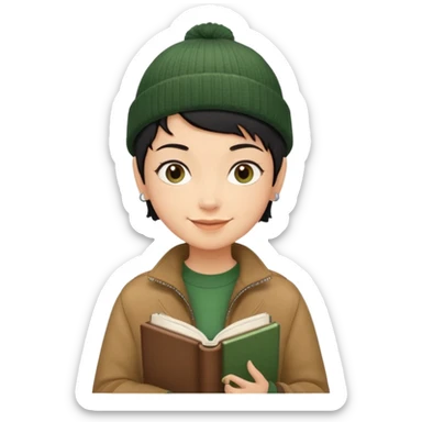 tan skin, non binary man with pixie cut black hair, wearing brown jacket and dark green beanie, smiling , holding up  book  sticker