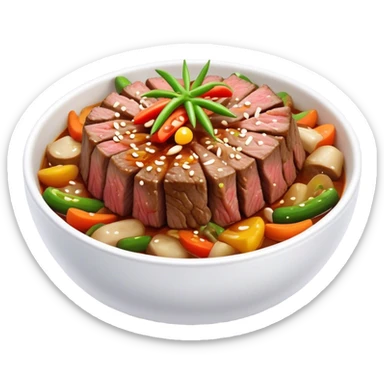 Cinematic Realistic Bulgogi Dish Emoji, featuring tender, marinated beef stir-fried with vegetables rendered with dynamic textures and mouth-watering lighting. sticker