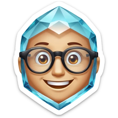 A single crystal gemstone character wearing glasses, chunky and irregular with faceted very sharp sides, smile, , high detail, sticker