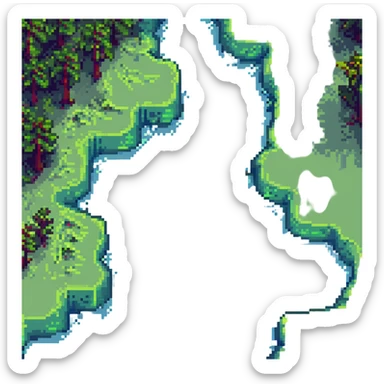 Change the river color to a bright green, keeping the rest of the pixel art scene the same, with a small child in a sun hat enjoying watermelon by the riverside, sparkling water, and a breezy atmosphere. sticker