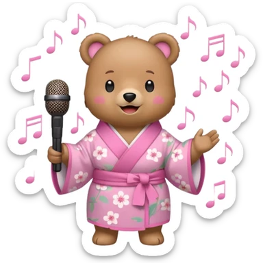 A cute light-brown bear wearing a pastel pink sakura-patterned kimono, normal balanced body ratio.  
Holding a microphone and singing happily, music notes floating around and a bright joyful smile.  
Kawaii emoji style, minimalistic clean sticker illustration, white background. sticker