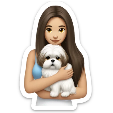 Brunette girl long hair, hugging her white Shih tzu sticker