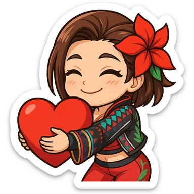 Azucena from Tekken 8 in chibi sticker style, giving a big hug with a warm expression, wearing the detailed red and patterned outfit from the reference images, designed for Twitch emote use. sticker